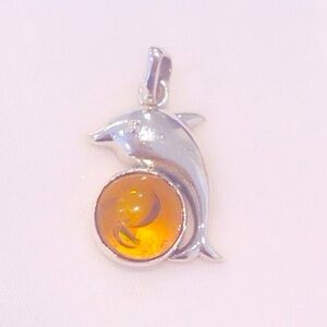 925 Sterling Silver Amber Dolphin Pendant